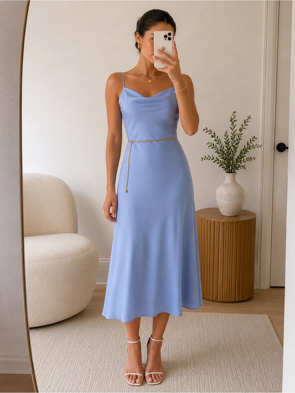 YAS Minimalist Satin Slip Midi Dress Ashleigh Blue Adjustable Strap us 6